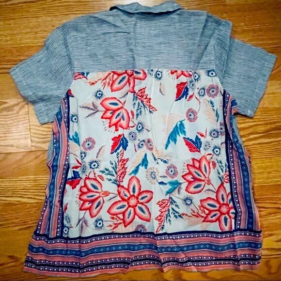 J. Jill Linen Blue & White Stripe Button Down Shirt W/ Sheer Floral Print Back - Picture 16 of 16